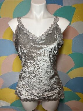 Envision Studio Velvet Lace-Trim Chemise in Silver Taupe women’s sz XL